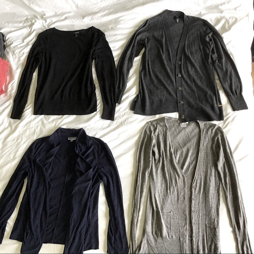 Lot set of 4 cardigans. Black, navy suede, grey